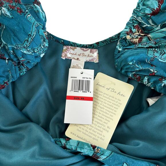 Band of the Free Sybille Teal Floral V-Neck Crop Top Long Sleeve Blouse Size XS - Picture 5 of 7